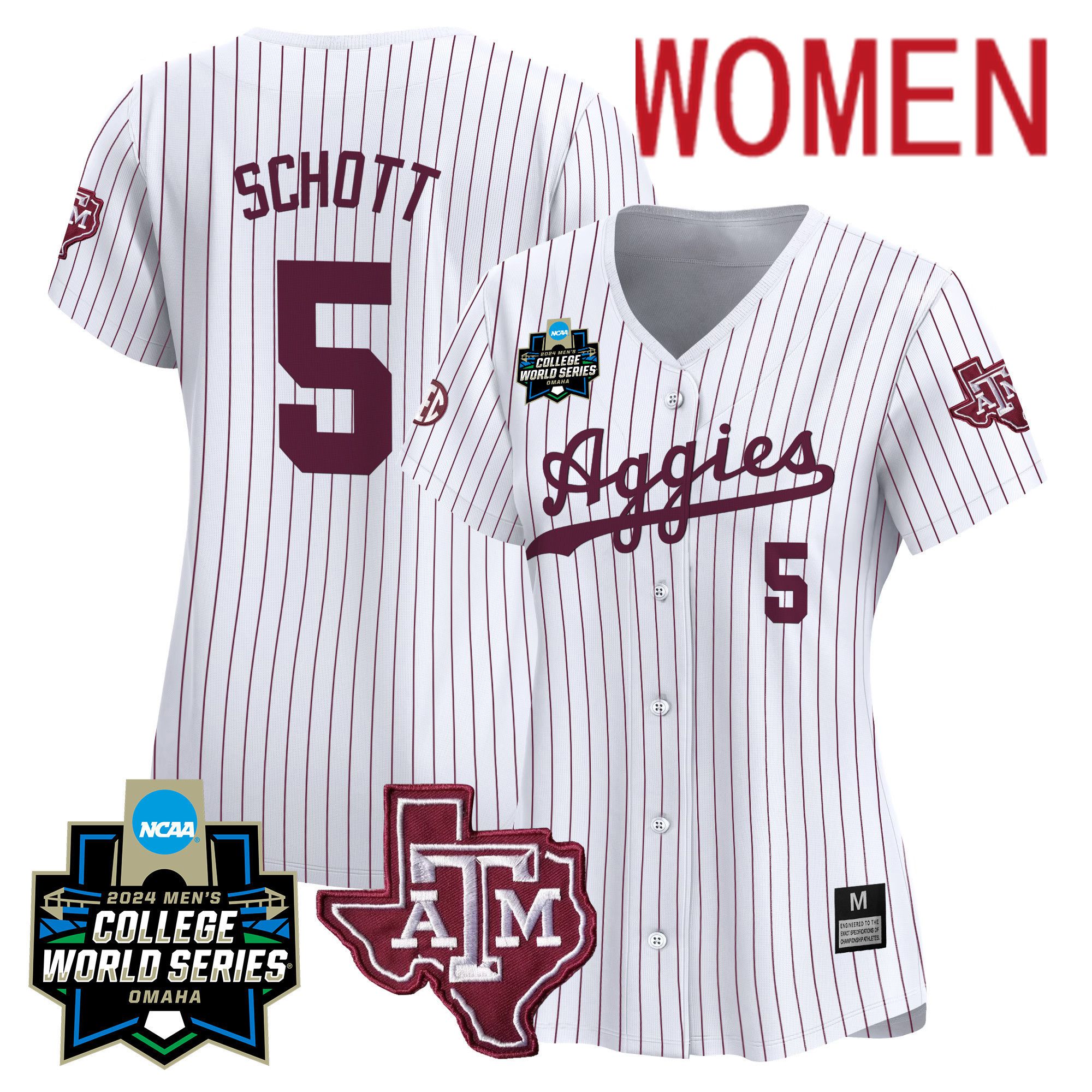Women Texas A&M Aggies #5 Schott White Stripe 2024 College World Series Vapor Premier Limited NCAA Jersey->women nfl jersey->Women Jersey